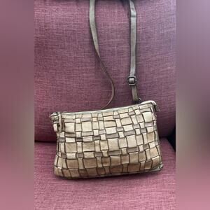 Costanza Rota Italian Leather Woven Crossbody  Triple Comprtmt Purse Bag Brown